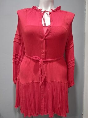 Banana Republic Coral Pink Long-Sleeve Belted Pleated Dress